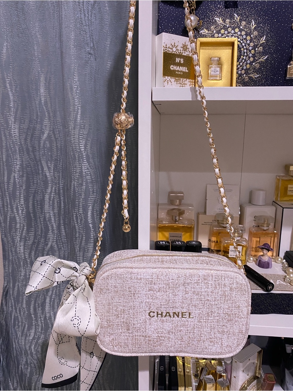 CHANEL Beige Bag with Gold Chain and Scarf Accent
